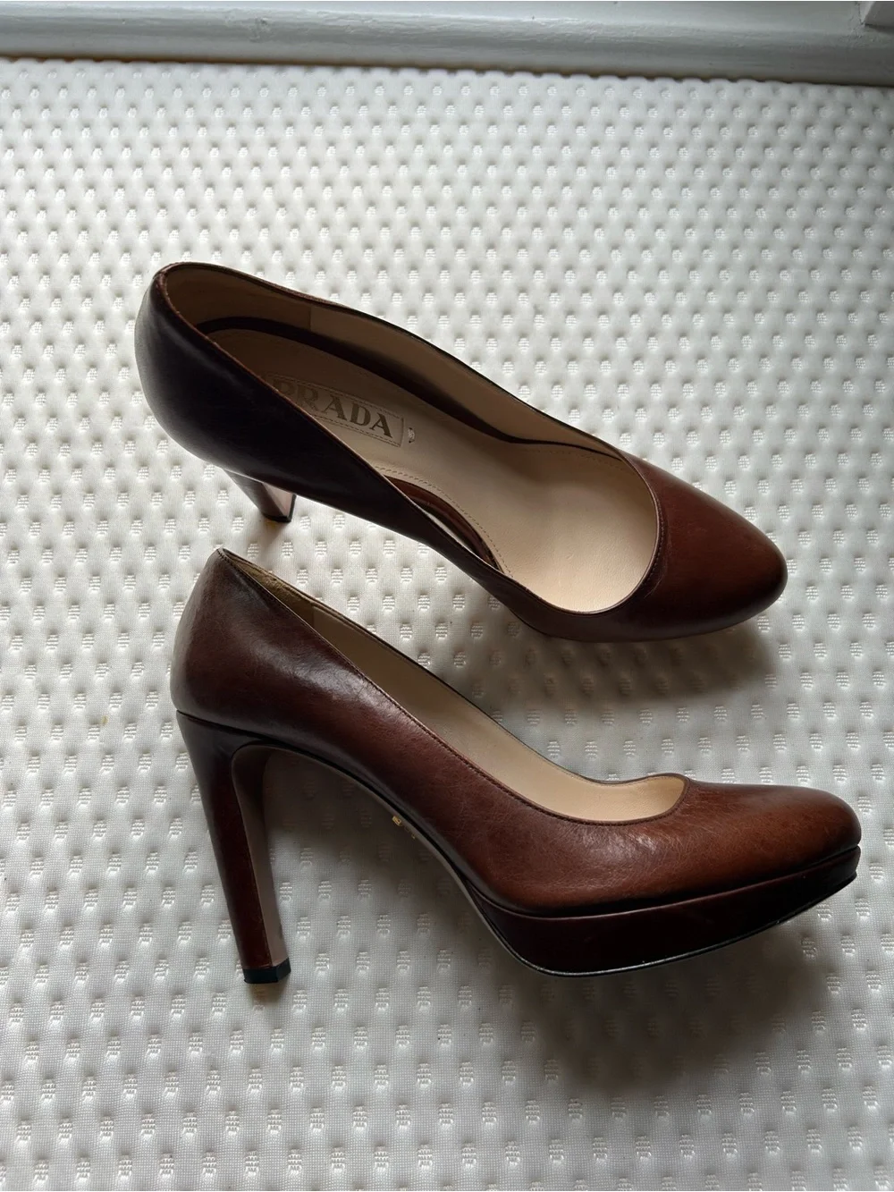 PRADA Brown Leather Platform Round Toe Logo Slip On Pumps EU 38 US 8